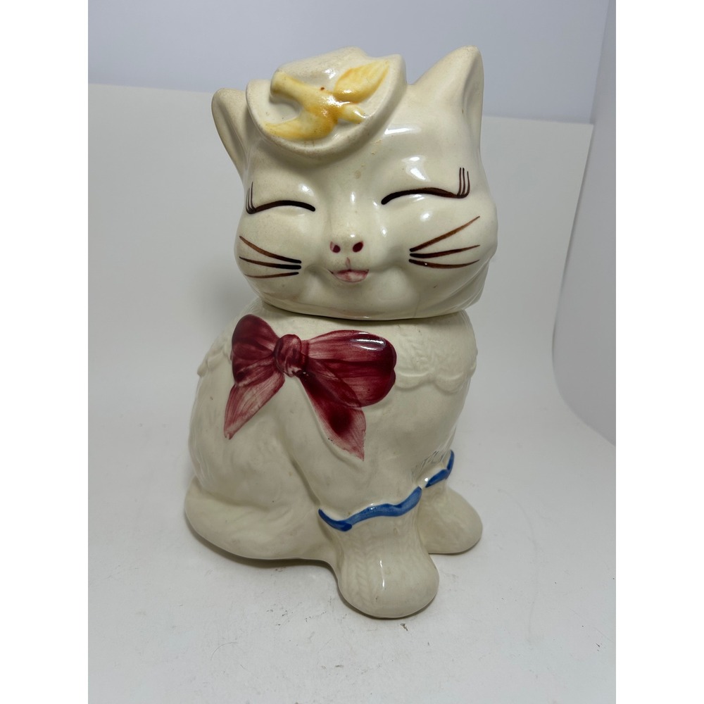 Vintage Shawnee Pottery Puss n Boots Ceramic Cookie Jar Cat Red Bow USA Patented